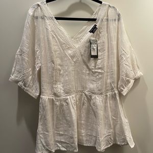 City Chic Lace Trimmed Cream Colored lightweight top with a tie waist